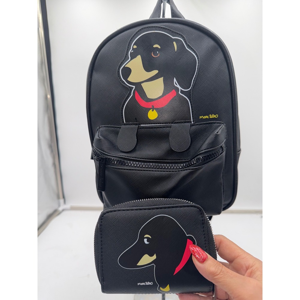 Marc Tetro Dachshund Mini Backpack and Zip Wallet Set Black Vegan Leather 2pc - Picture 5 of 11